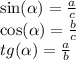 \sin( \alpha ) = \frac{a}{c} \\ \cos( \alpha ) = \frac{b}{c} \\ tg (\alpha ) = \frac{a}{b}