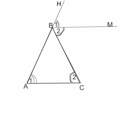 докажите, что биссектриса внешнего угла при вершине равнобедренного треугольника параллельна основан
