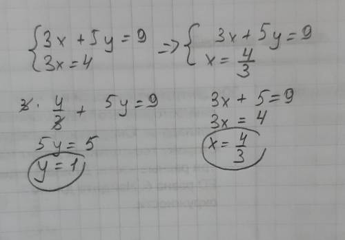 Решить систему уравнений :) 1. { 3х + 5у = 9; 2. { 3х = 4; с объяснением, если не трудно