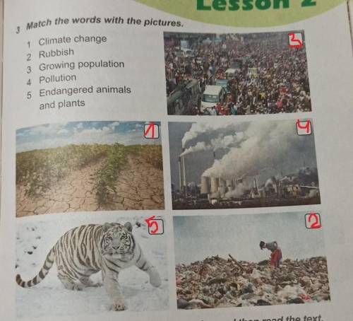 Match the words with the pictures. 1 Climate change2 Rubbish3 Growing population4 Pollution5 Endange