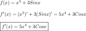 f(x)=x^{5}+3Sinx\\\\f'(x)=(x^{5})'+3(Sinx)'=5x^{4} +3Cosx \\\\\boxed{f'(x)=5x^{4}+3Cosx}
