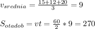 v_{srednia} = \frac{15 + 12 + 20}{3} = 9\\\\S_{ot a dob} = vt = \frac{60}{2} * 9 = 270\\\\\\