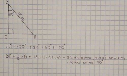 У трикутнику АВС кут С – прямий, кут В = 60⁰. Знайти катет ВС трикутника , якщо АВ = 18 см.