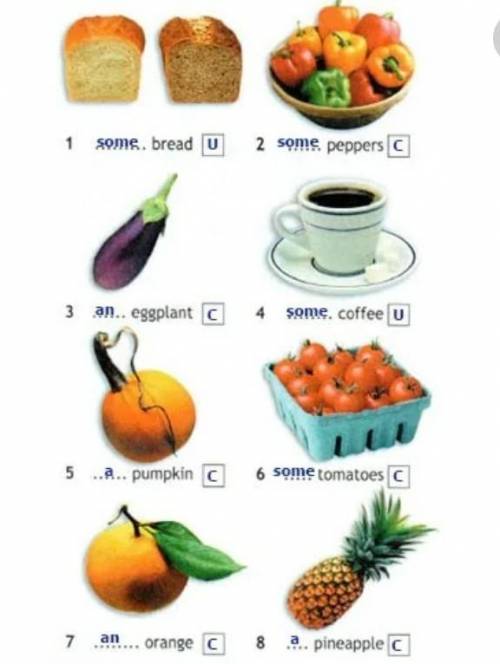 Вставить: (a,an,some) coffee, bread,peppers,tomatoes,orange,eggplant И объясните почему вы так встав