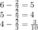 6 - \frac{2}{2} =5 \\ 5 - \frac{2}{2} = 4 \\ 4 - \frac{2}{3} = \frac{3}{10}