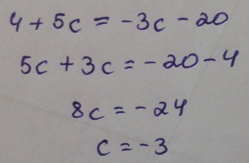 Найди корень уравнения: 4 + 5c = −3c − 20