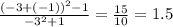 \frac{( - 3 + ( - 1)) {}^{2} - 1 }{ - 3 {}^{2} + 1 } = \frac{15}{10} = 1.5