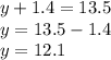 y + 1.4 = 13.5 \\ y = 13.5 - 1.4 \\ y = 12.1