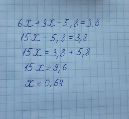 Розв'яжи рівняння: 6x+9x-5,8=3,8