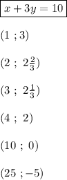 \boxed{x+3y=10}\\\\(1 \ ; 3)\\\\(2 \ ; \ 2\frac{2}{3})\\\\(3 \ ; \ 2\frac{1}{3})\\\\(4 \ ; \ 2)\\\\(10 \ ; \ 0)\\\\(25 \ ; - 5)