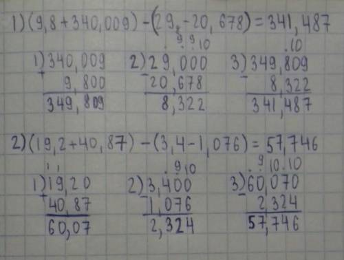 , решение в столбик приветствуется. 1) (9,8+340,009)-(29-20,678) 2) (19,2+40,87)-(3,4-1,076)