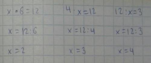 Подбирая значение x, реши уравнения. х•6=12, 4•х=12, 12:х=3