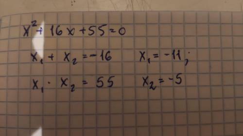 Знайти суму й добуток коренів х^2+16х+55=0​