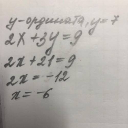 На графіку рівняння 2x+3y=9 взято точку з ординатою 7. Знайдіть абсцису цієї точки