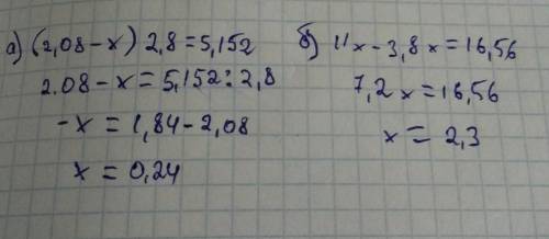 А) (2,08 - х) 2,8 =5,152; б) 11х -3,8х = 16,56. прям очень надо 5 классс