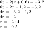 6x-2(x+0,6)=-3,2\\6x-2x-1,2=-3,2\\4x=-3,2+1,2\\4x=-2\\x=-2:4\\x=-0,5
