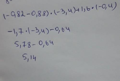 (-0,82-0,88)*(-3,4)+1,6*(-0,4) Розв'язання будь ласка