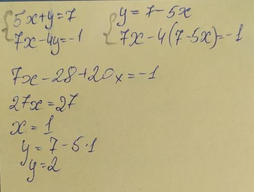 {5х+у=7 {7х-4у=-1 розв'яжіть систему рівнянь методом додавання​