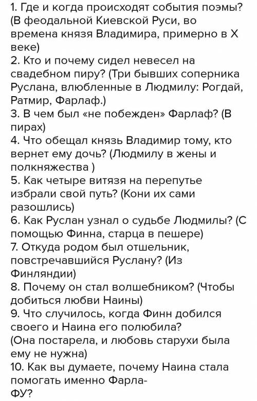 Составь 10 вопросов по сказке Руслан И Людмила (с ответами)​