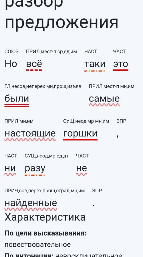 Синтаксический разбор предложения: Но всё таки это были самые настоящие горшки, ни разу не найденные