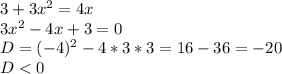 3+3x^2=4x\\3x^2-4x+3=0\\D=(-4)^2-4*3*3=16-36=-20 \\D