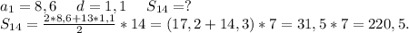 a_1=8,6\ \ \ \ d=1,1\ \ \ \ S_{14}=?\\S_{14}=\frac{2*8,6+13*1,1}{2}*14=(17,2+14,3)*7=31,5*7=220,5.