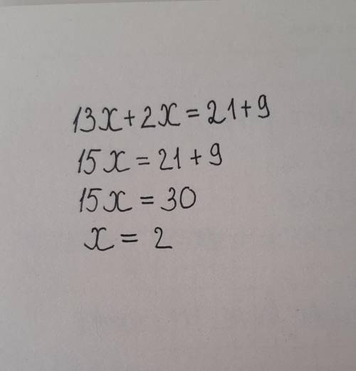 Решить уравнение 13x + 2x = 21 + 9