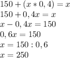 150+(x*0,4)=x\\150+0,4x=x\\x-0,4x=150\\0,6x=150\\x=150:0,6\\x=250