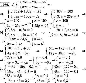 1086. Найдите решение системы уравнений: 0,75х + 20у - 95,10x = 4,6 + 3у,а)в)0,32x - 25y = 7;4y +3,