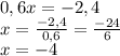 0,6x=-2,4\\x=\frac{-2,4}{0,6}=\frac{-24}{6} \\x=-4