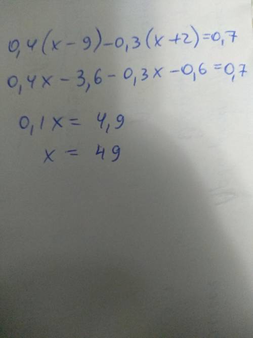0,4(x-9)-0,3(x+2)=0,7