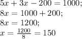 5x+3x-200=1000;\\8x=1000+200;\\8x=1200;\\x=\frac{1200}{8} =150
