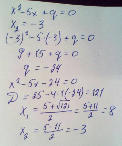 Число -3 є коренем рівняння x2-5x+q=0 знайдіть другий корень рівняння і значення q