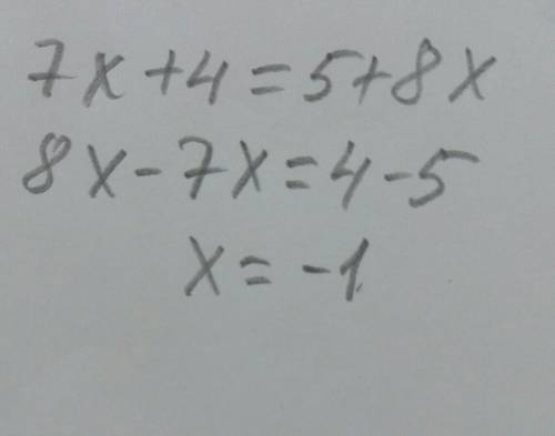 Знайти корень рiвняння 7x+4=5+8x