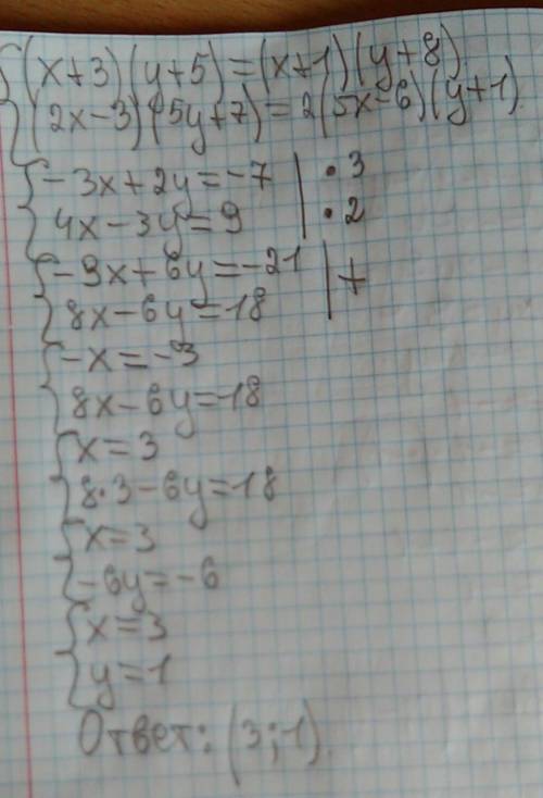 (х+3)(y+5)=(x+1)(y+8) (2x-3)(5y+7)=2(5x-6)(y+1) Знайти розв'язки системи рівнянь