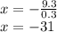 x=-\frac{9.3}{0.3} \\x=-31