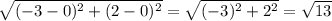 \sqrt{(-3-0)^{2} +(2-0)^{2} } =\sqrt{(-3)^{2}+2^{2} } =\sqrt{13}