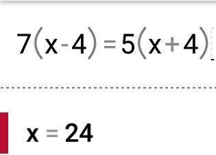 Знайдіть корінь рівняння 7(x-4) =5(x+4)​