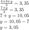 \frac{4+3+y}{3} =3,35\\\frac{7+y}{3} =3,35\\7+y=10,05\\y=10,05-7\\y=3,05
