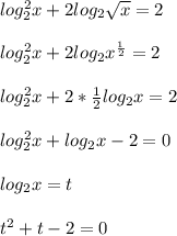 log_2^2x+2log_2\sqrt{x} =2\\ \\log_2^2x+2log_2x^{\frac{1}{2} } =2\\ \\log_2^2x+2*\frac{1}{2} log_2x =2\\\\log_2^2x+log_2x-2=0\\\\log_2x=t\\\\t^2+t-2=0