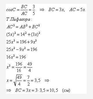 В треугольнике ABC угол C=90°, АВ=14см, cosB=3/7 . Найди ВС​