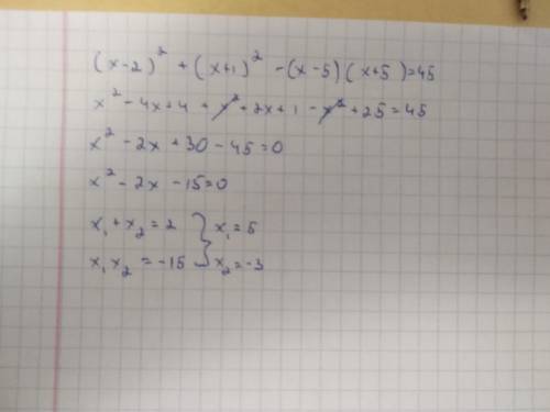 Розв'язати рівняння (х - 2)2 + (х + 1)2 - (х - 5)(х + 5) = 45. (У відповідь запишіть найбільший з ко