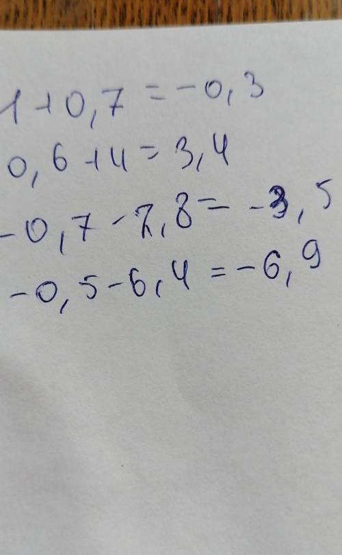 Вычислите:а) -1 + 0,7;б) -0,6 + 4;в) -0,7 - 2,8;г) -0,5 - 6,4;​