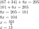 (67+34)+8x=205\\101+8x=205\\8x=205-101\\8x=104\\x=\frac{104}{8}\\x=13