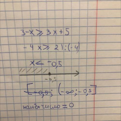 Решить неравенство 3 – x ≥ 3x +5. В ответе укажите наибольшее целое число, являющееся решением нерав