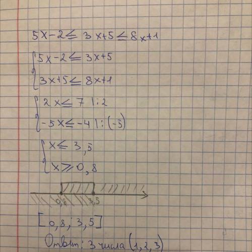 Решить неравенство 5x - 2 ≤ 3x +5 ≤ 8x +1. В ответе записать количество целых чисел, являющихся реше