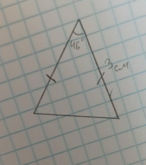 Постройте треугольник по двум сторонам угла (3 см, 3 см) и углу 46°
