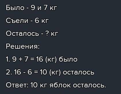 Составьте задачу по таблице и решите её.Что означают полученные выражения? Было 9кг и 7кг, съели 6кг