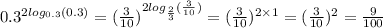 0. {3}^{2 log_{0.3}(0.3) } = ( \frac{3}{10} ) ^{2 log_{ \frac{2}{3} }( \frac{3}{10} ) } = ( \frac{3}{10} )^{2 \times 1} = ( \frac{3}{10})^{2} = \frac{9}{100}