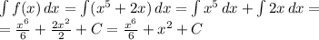 \int {f(x)} \, dx = \int (x^5+2x)\, dx=\int x^5\, dx + \int 2x\, dx=\\=\frac{x^6}{6}+\frac{2x^2}{2}+C=\frac{x^6}{6}+x^2+C